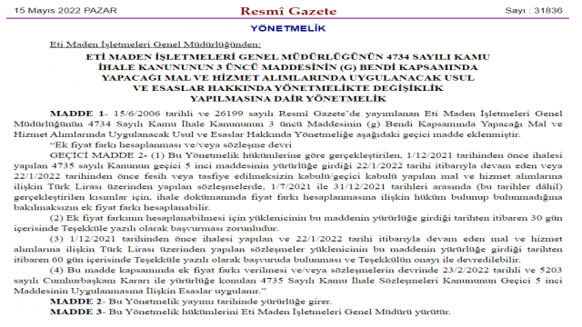 Eti Maden İşletmeleri Genel Müdürlüğünden Yönetmelik Değişikliği (15.05.2022)